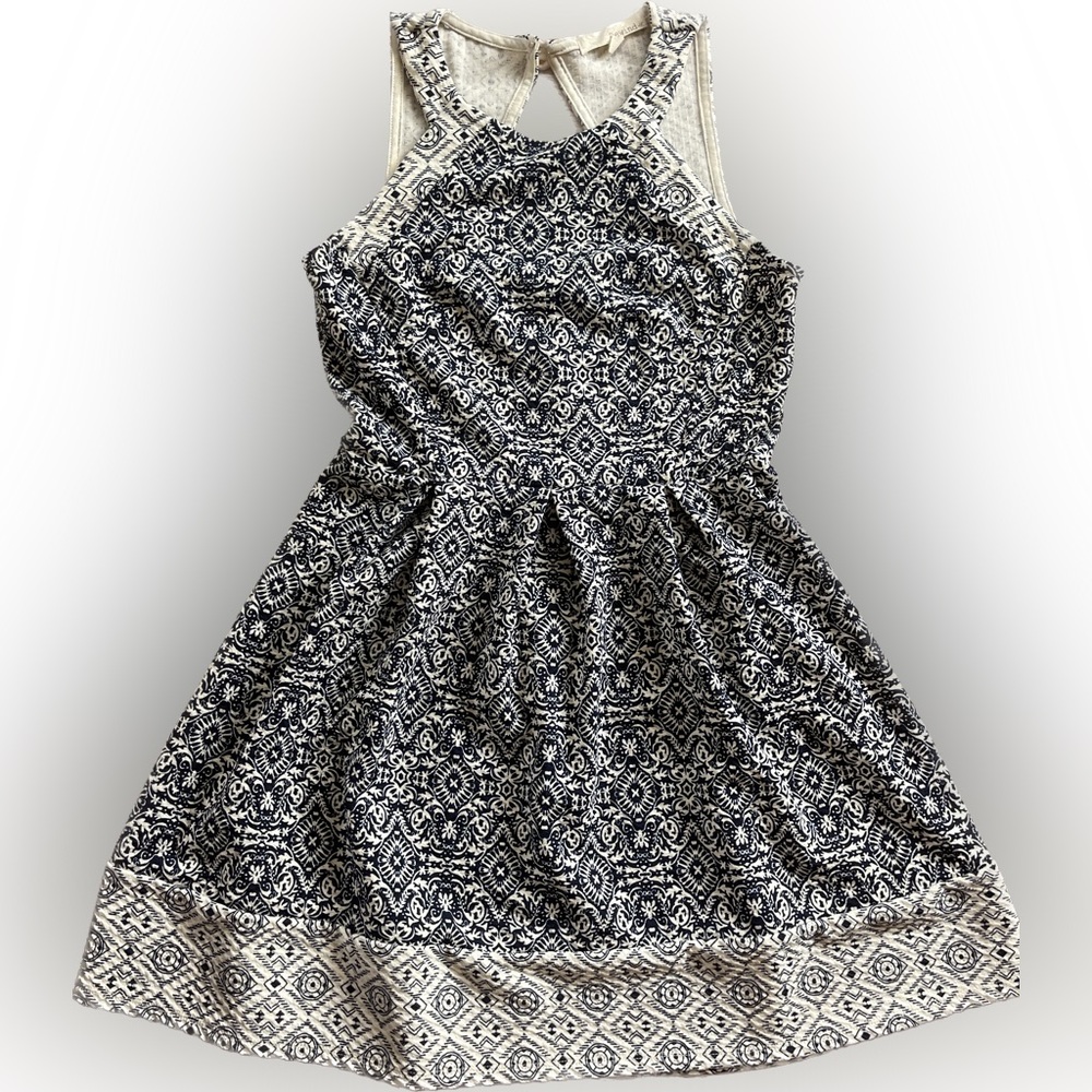 Rewind Skater Halter dress Stretchy Blue/white geometric print Back Zipper Small